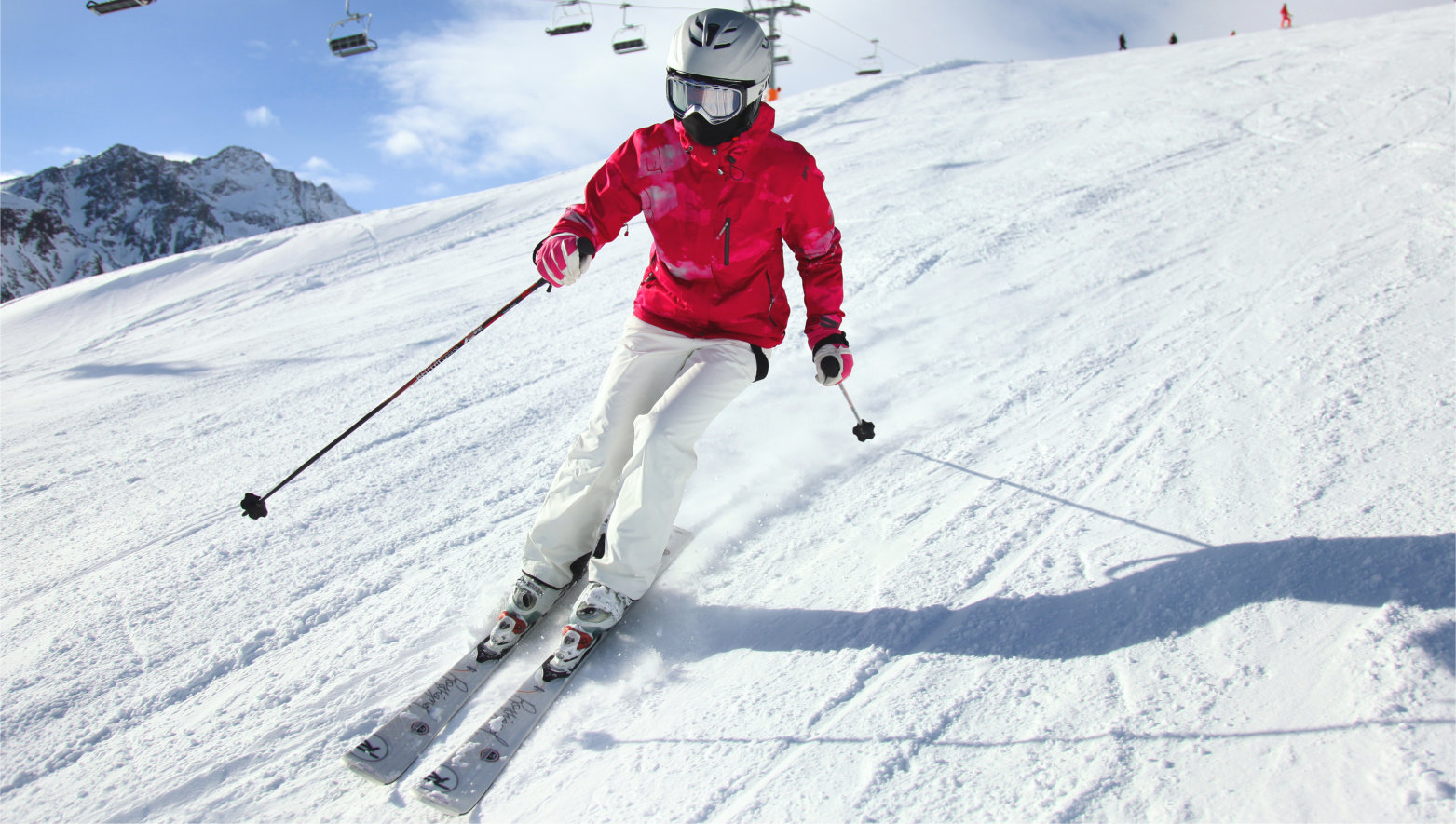 Young,Woman,Skiing.,Alps
